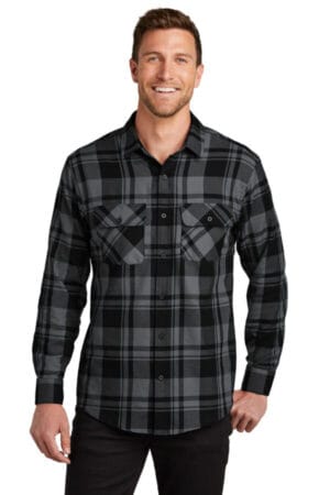 GREY/ BLACK W668 port authority plaid flannel shirt