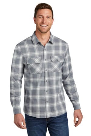 GREY/ CREAM OPEN PLAID W668 port authority plaid flannel shirt