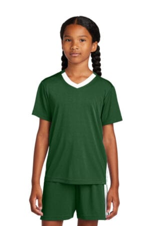 FOREST GREEN/ WHITE YST101 sport-tek youth competitor united v-neck