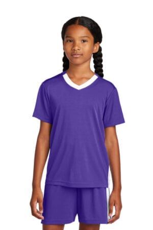 PURPLE/ WHITE YST101 sport-tek youth competitor united v-neck