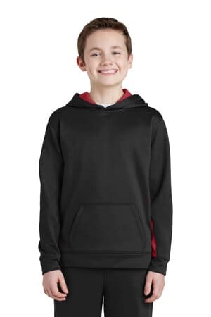 BLACK/ DEEP RED YST235 sport-tek youth sport-wick fleece colorblock hooded pullover