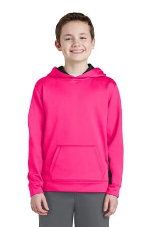 NEON PINK/ BLACK YST235 sport-tek youth sport-wick fleece colorblock hooded pullover