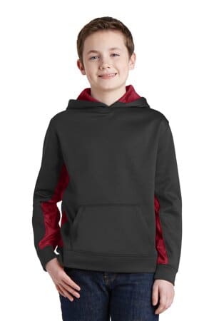 BLACK/ DEEP RED YST239 sport-tek youth sport-wick camohex fleece colorblock hooded pullover