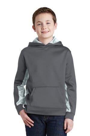 DARK SMOKE GREY/ WHITE YST239 sport-tek youth sport-wick camohex fleece colorblock hooded pullover