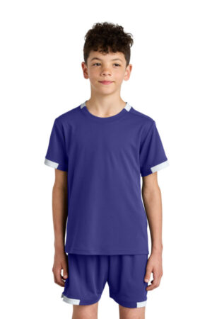 PURPLE/ WHITE YST440 sport-tek youth club short sleeve crew