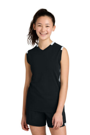 BLACK/ WHITE YST441 sport-tek youth club sleeveless v-neck