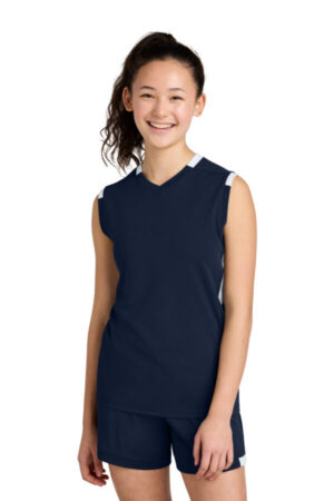 TRUE NAVY/ WHITE YST441 sport-tek youth club sleeveless v-neck