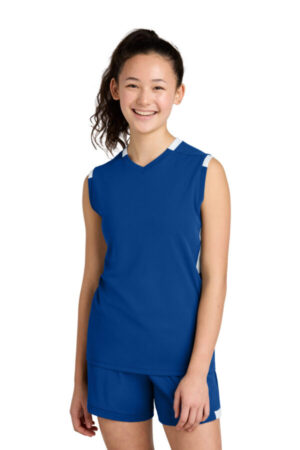 TRUE ROYAL/ WHITE YST441 sport-tek youth club sleeveless v-neck