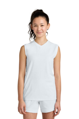WHITE/ WHITE YST441 sport-tek youth club sleeveless v-neck