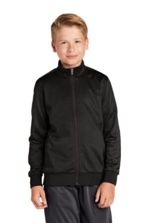 BLACK/ BLACK YST94 sport-tek youth tricot sleeve stripe track jacket