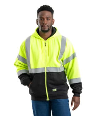 HVF023 men's hi-vis class 3 color block full-zip hooded sweatshirt